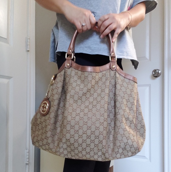 Gucci Sukey Large Brown Gold Leather Trim Tote - Picture 4 of 5